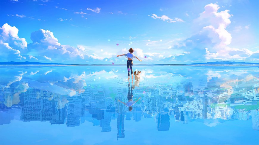 少女与小狗在镜面水面上插画壁纸