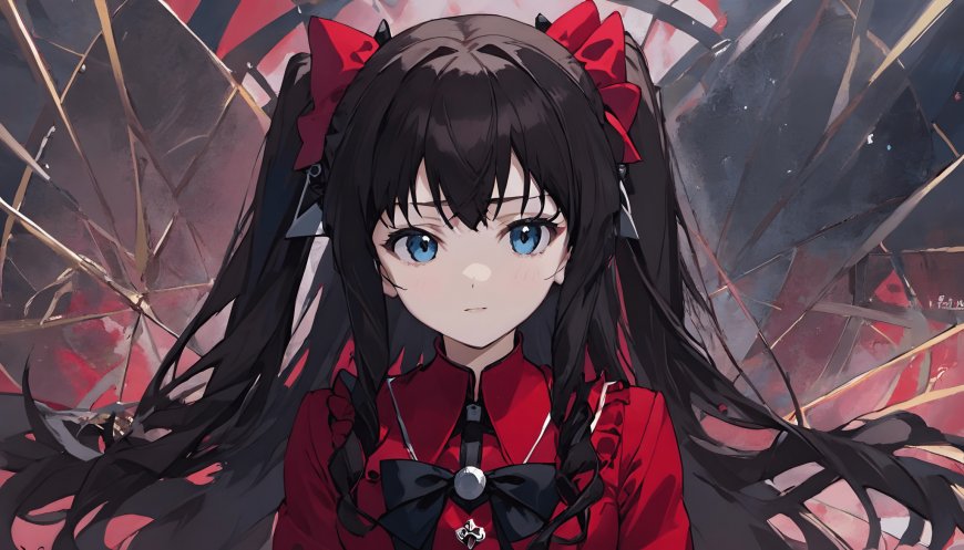 双马尾红黑服饰蓝眸人物插画壁纸