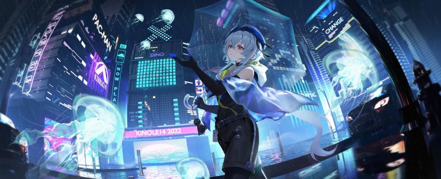 游戏《绝区零》赛博朋克风少女城市雨夜场景插画