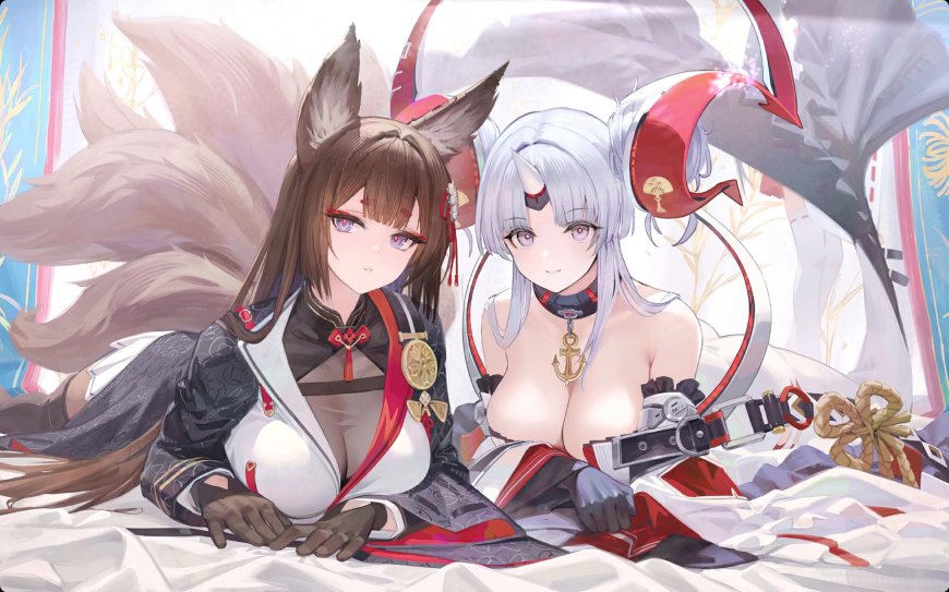 游戏《碧蓝航线》双兽耳少女亲昵场景插画壁纸