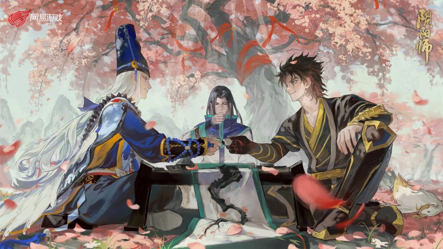 樱花树下《阴阳师》角色互动场景插画壁纸
