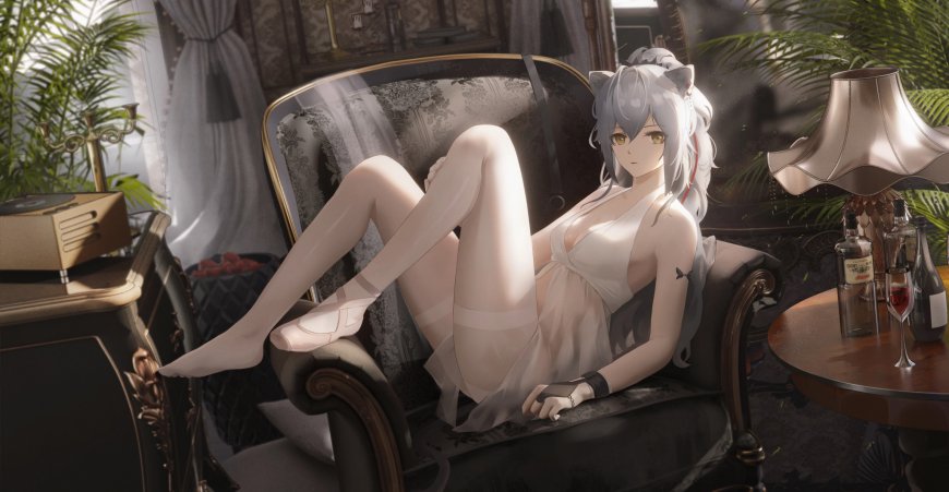 游戏《明日方舟》性感猫耳少女室内慵懒场景插画壁纸