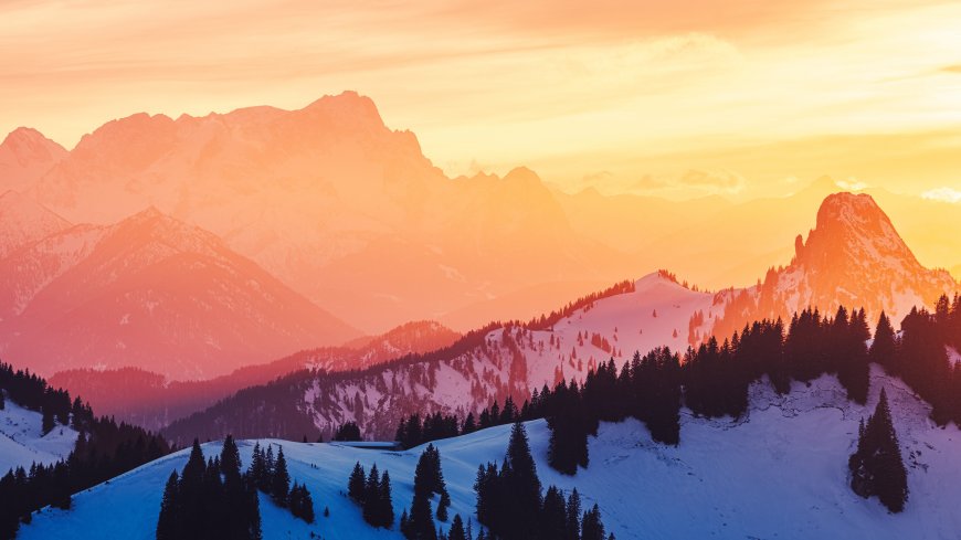 雪山日落橙色天空自然风景壁纸