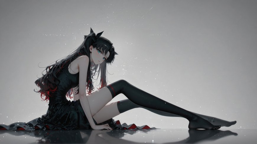 黑裙红边猫耳少女插画 4K 高清电脑壁纸