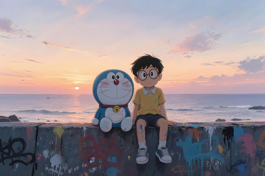 哆啦 A 梦大雄黄昏海边 4K 动漫电脑壁纸