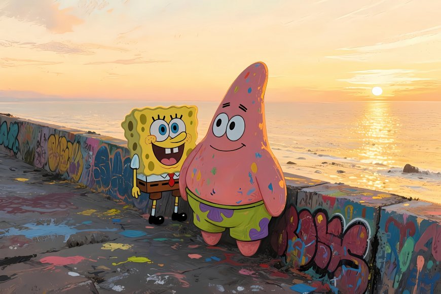 海绵宝宝派大星落日壁纸 4K 卡通怀旧电脑壁纸
