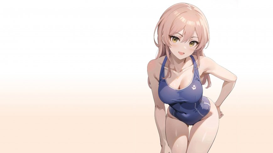 粉发黄瞳泳装少女插画 4K 高清电脑壁纸