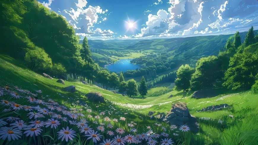 阳光草地鲜花治愈系高清电脑壁纸