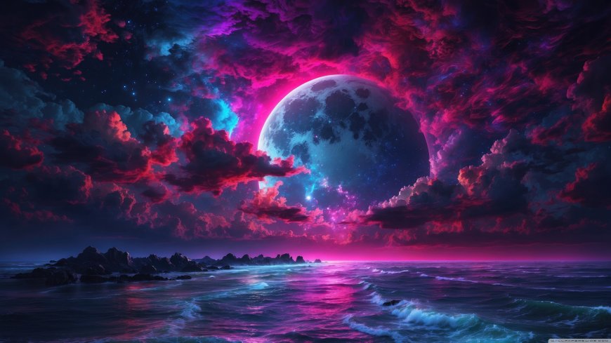 霓虹月夜海岸 4K 赛博朋克自然电脑壁纸
