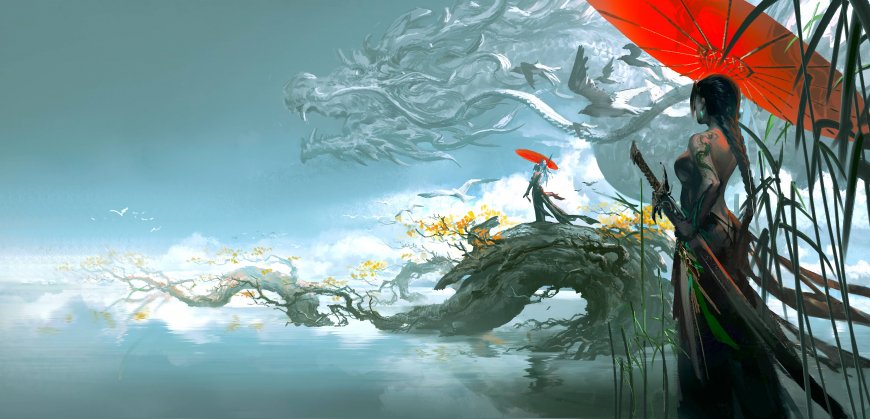 国风红伞龙境插画 5K 奇幻古风电脑壁纸