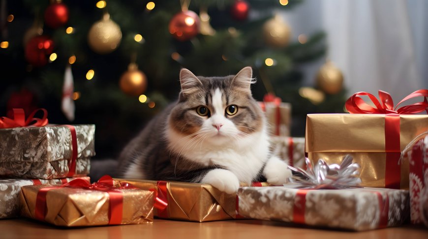 圣诞礼盒猫咪 4K 节日萌宠电脑壁纸