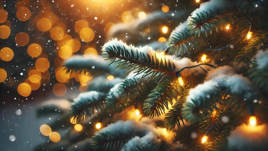 雪覆松枝暖灯雪景 4K 冬日温馨电脑壁纸