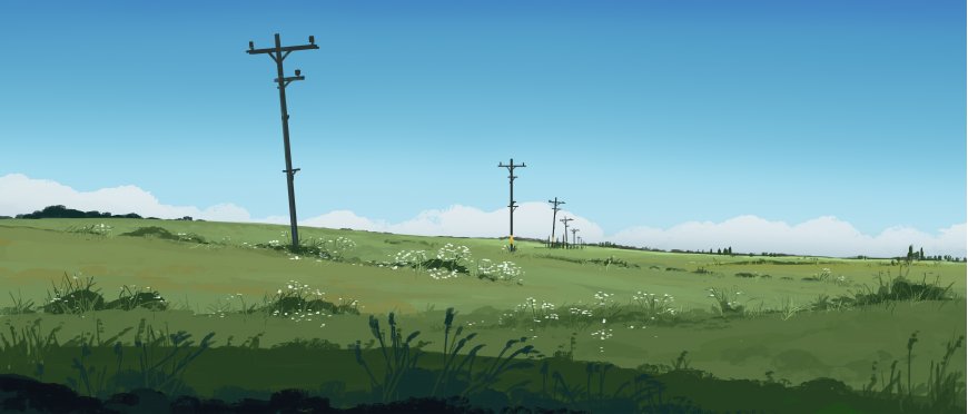 日系动漫风田野电线杆电脑壁纸