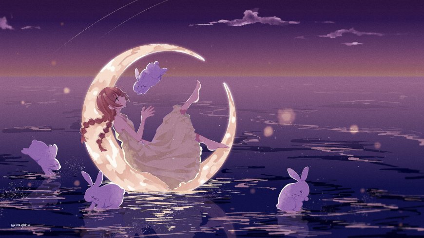 月牙上的少女与玉兔梦幻电脑壁纸