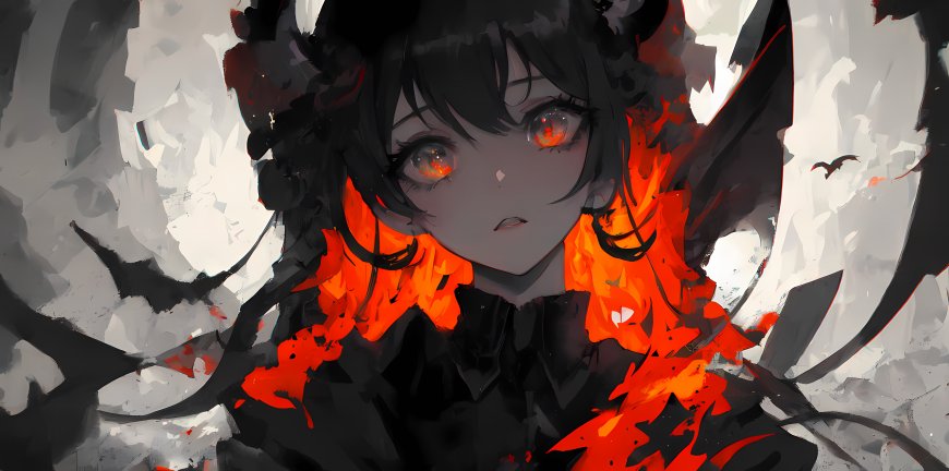暗黑系橙焰黑翼二次元少女电脑壁纸
