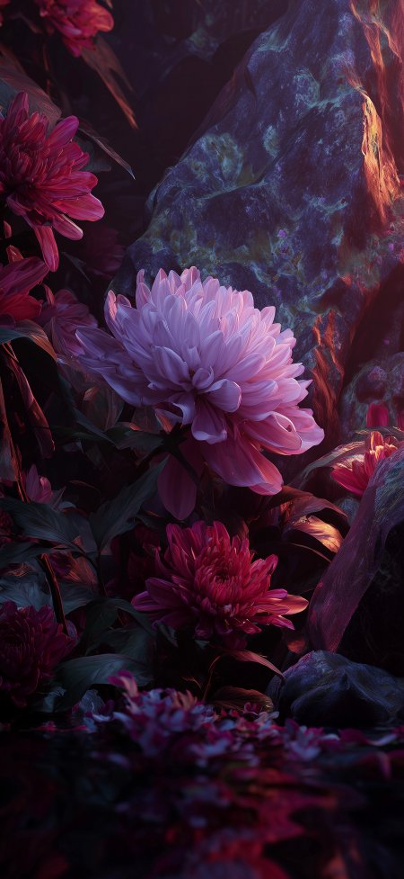 粉红花丛暗调油画质感花卉手机壁纸