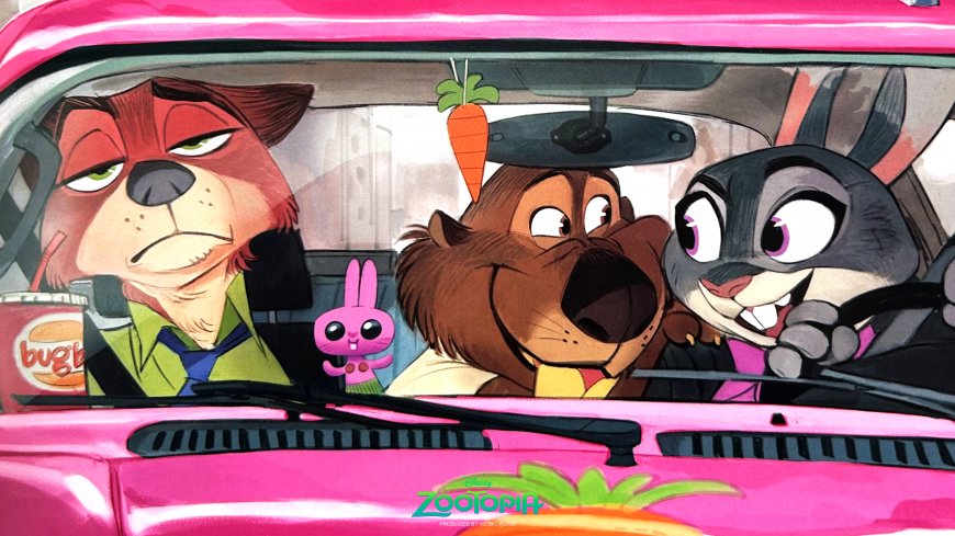 疯狂动物城主角团车内互动 4K 插画电脑壁纸