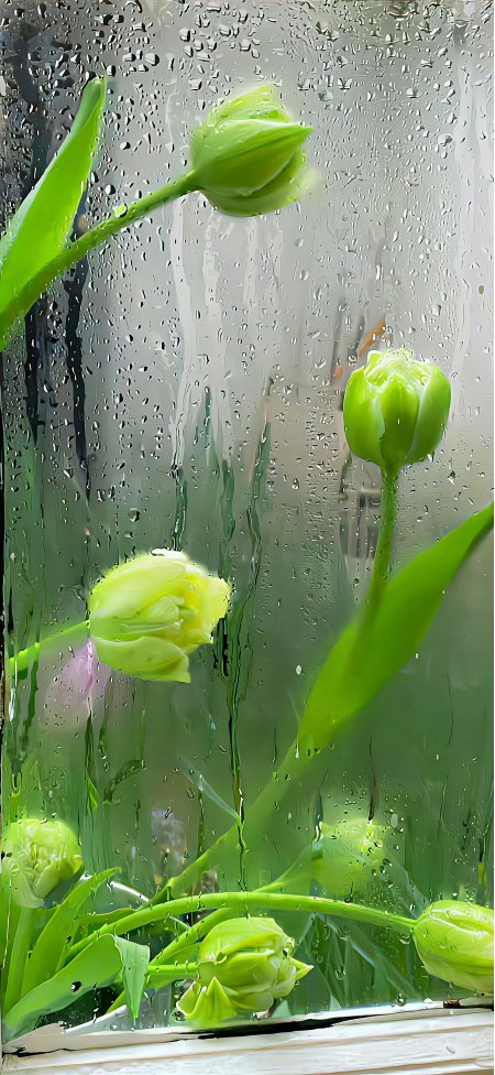 雨天绿郁金香清新治愈系自然手机壁纸
