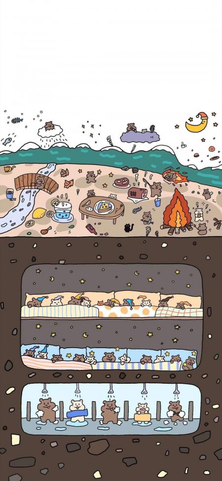 小熊群像沙滩地下分层生活卡通手机壁纸