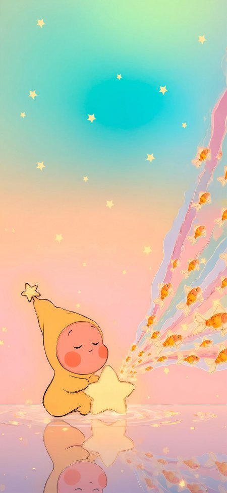 星星小矮人抱星金鱼渐变背景治愈卡通手机壁纸