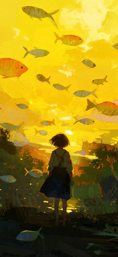 黄色鱼群少女治愈系插画手机壁纸