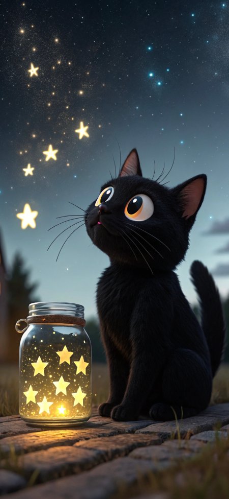 黑猫咪追星星童话风卡通手机壁纸
