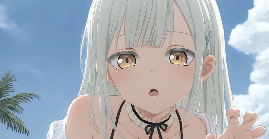 白发黄瞳少女 蓝天椰树二次元电脑壁纸