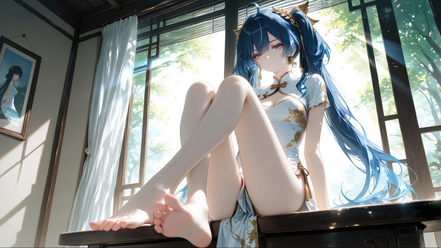 蓝发旗袍少女古风室内光影动漫插画电脑壁纸