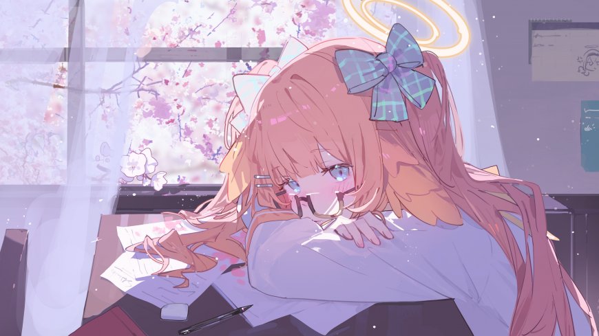 粉发双马尾少女樱花教室治愈系动漫电脑壁纸
