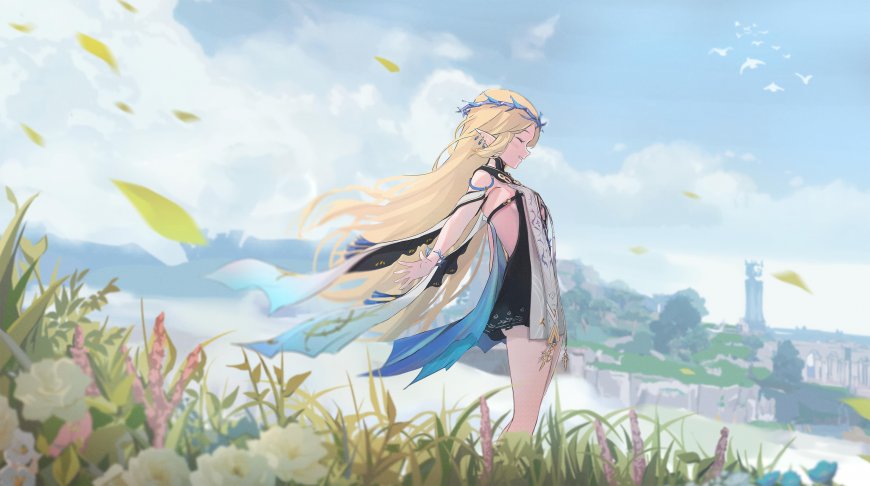 《鸣潮》-夏空精灵少女草地风景动漫插画电脑壁纸