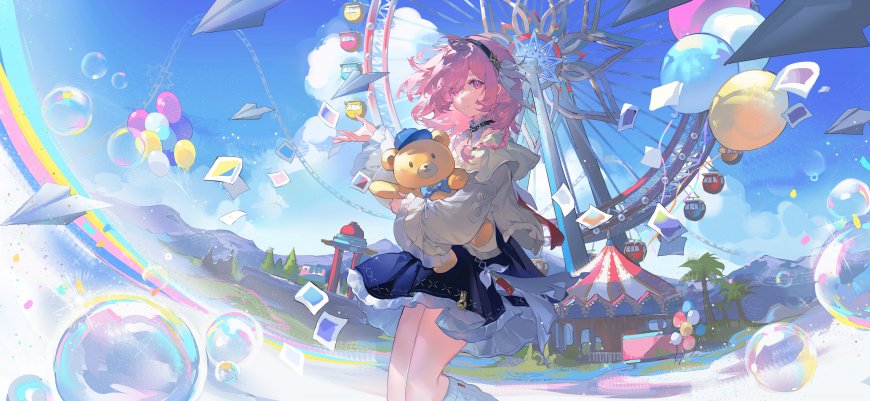 粉发少女游乐园小熊玩偶插画电脑壁纸