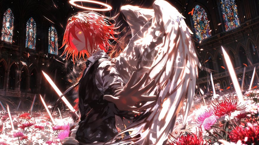 红发红瞳天使教堂花海光影插画电脑壁纸