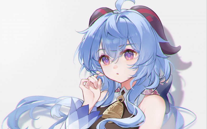 蓝发羊角少女温柔特写动漫插画电脑壁纸