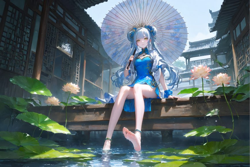 蓝发旗袍少女荷塘古建国风插画电脑壁纸