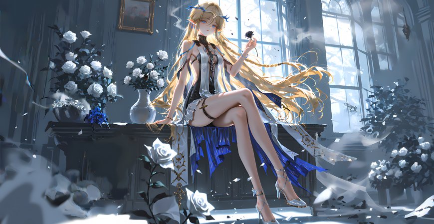 鸣潮-夏空黑白玫瑰暗调室内插画电脑壁纸