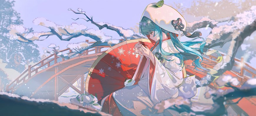 雪季青发和服少女古风插画电脑壁纸