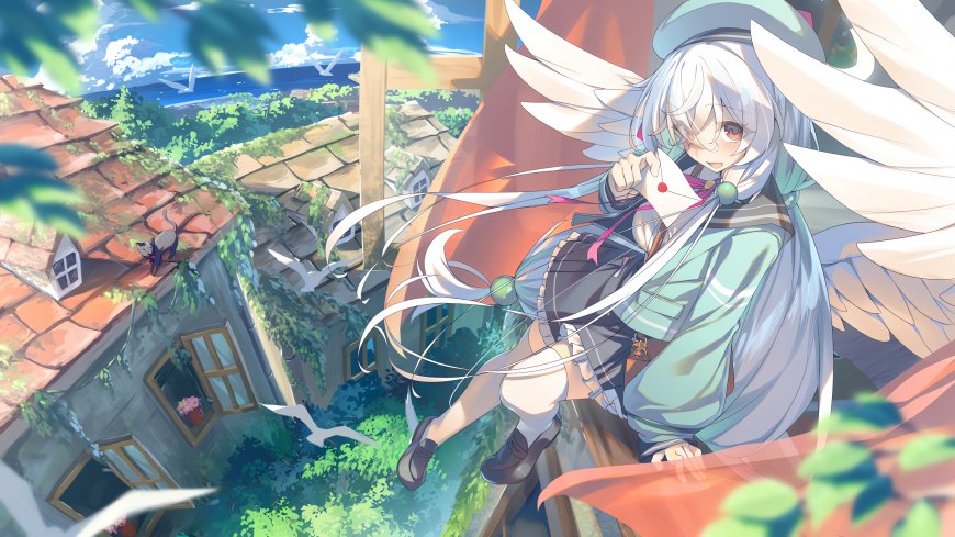 银发天使少女送信城镇插画电脑壁纸