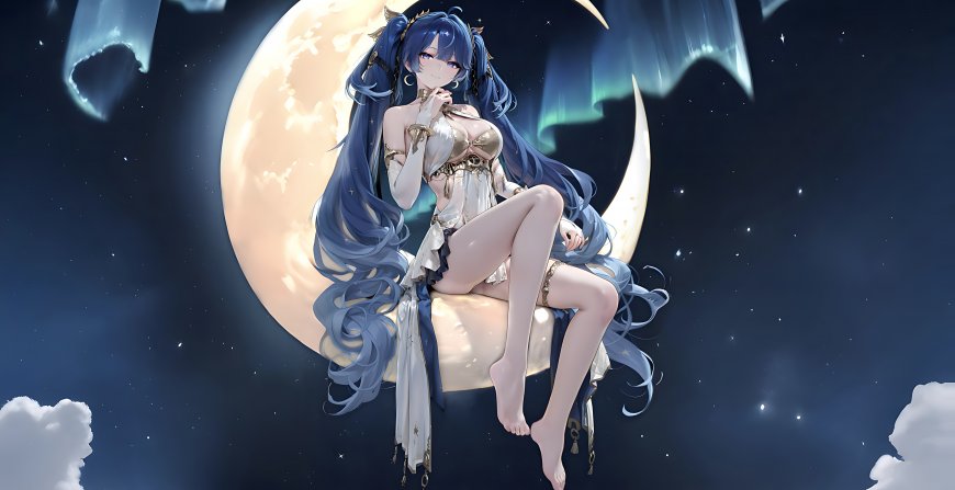 月夜蓝发女神坐于月亮之上星空梦幻艺术电脑壁纸