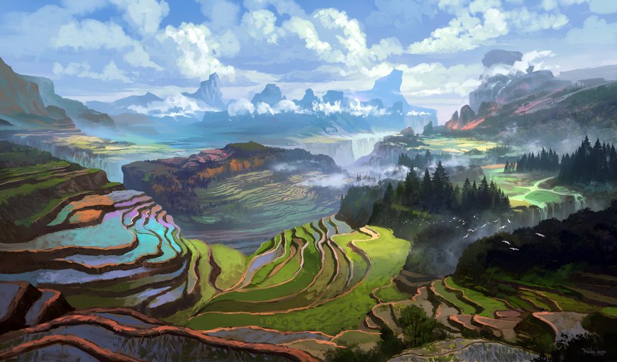 奇幻山水梯田云雾缭绕自然风光4K高清电脑壁纸