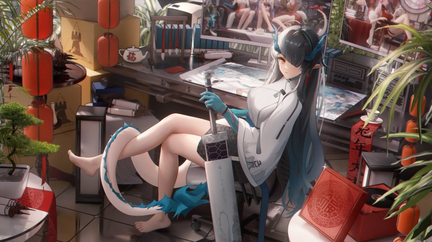 中国风办公室龙尾少女持剑现代与传统融合插画电脑壁纸