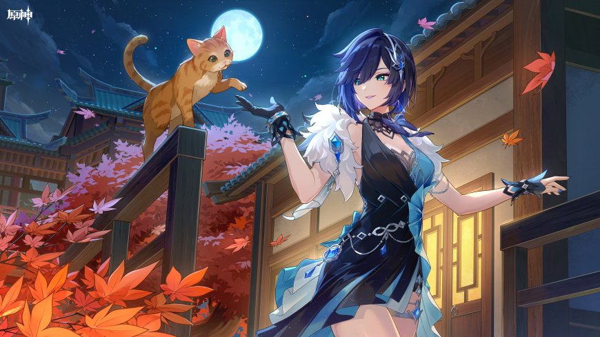 原神雷电将军与猫咪秋夜庭院枫叶满月和风场景电脑壁纸