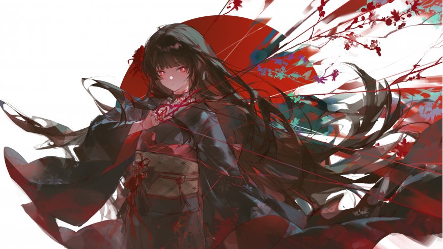 红伞古风少女黑发红瞳樱花枝动态飘逸水墨意境电脑壁纸