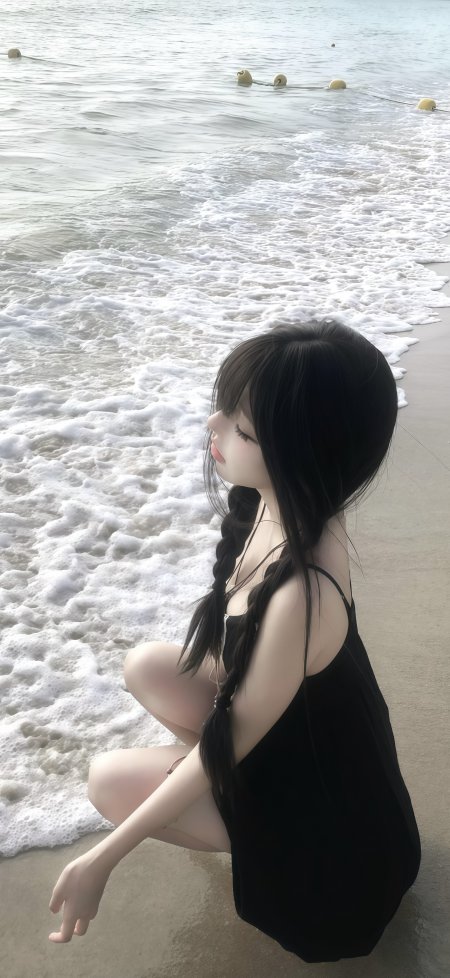 海边少女静坐沙滩唯美自然风景手机壁纸