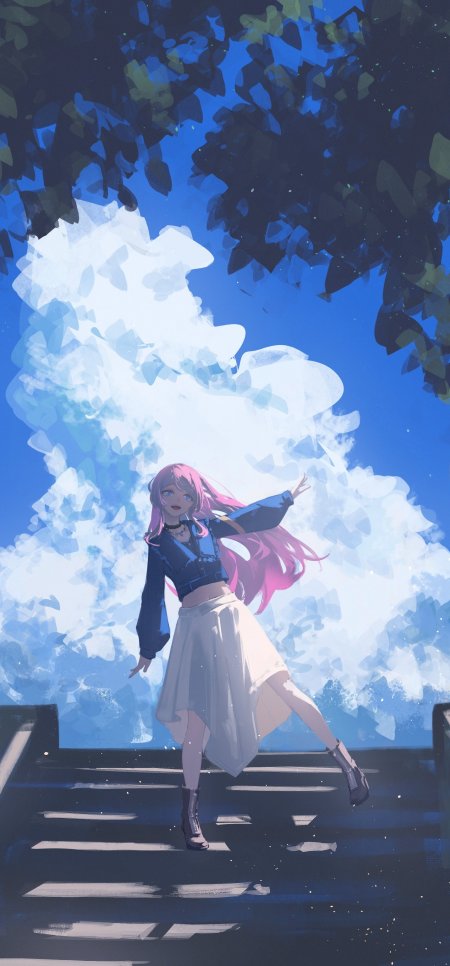 粉色长发动漫少女蓝天白云树影下清新唯美手机壁纸