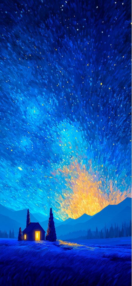 星空下的小屋梦幻夜景艺术手机壁纸