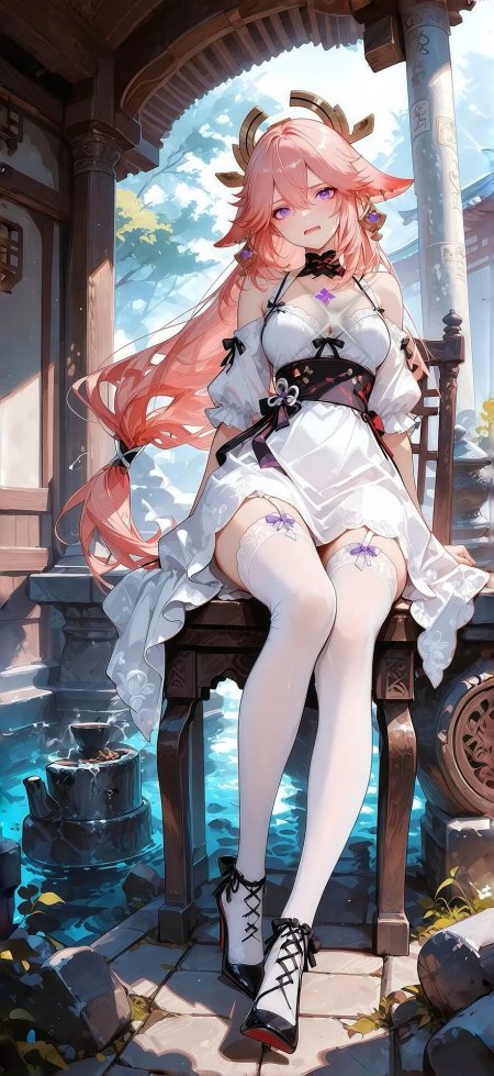 原神角色八重神子和风庭院古色古香动漫风格手机壁纸