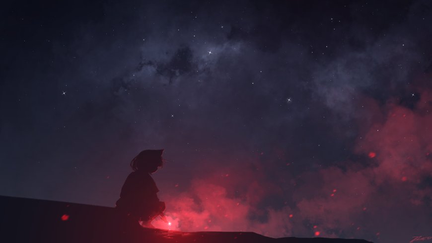 动漫少女星空篝火剪影唯美意境壁纸