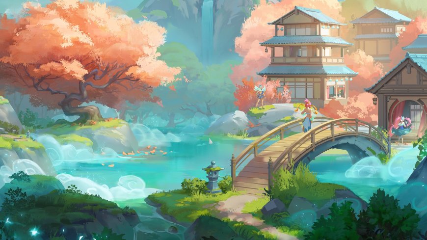 庭院秋枫流水木桥唯美风景壁纸