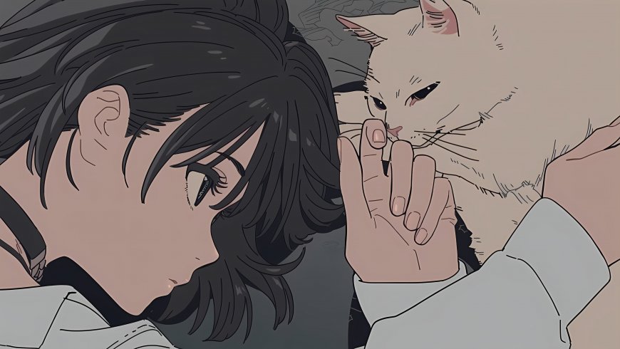黑发少女轻抚白猫温馨治愈插画壁纸