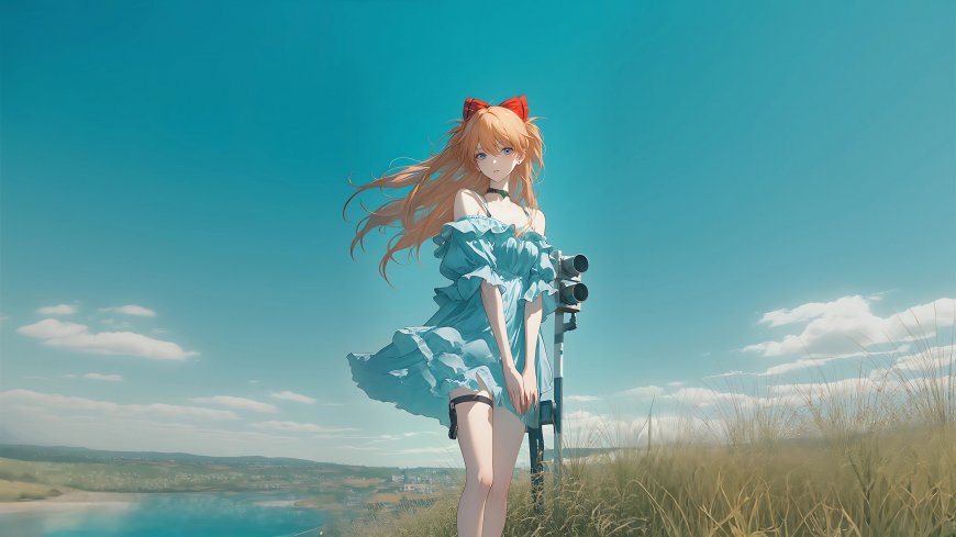 动漫少女蓝裙草地微风插画壁纸